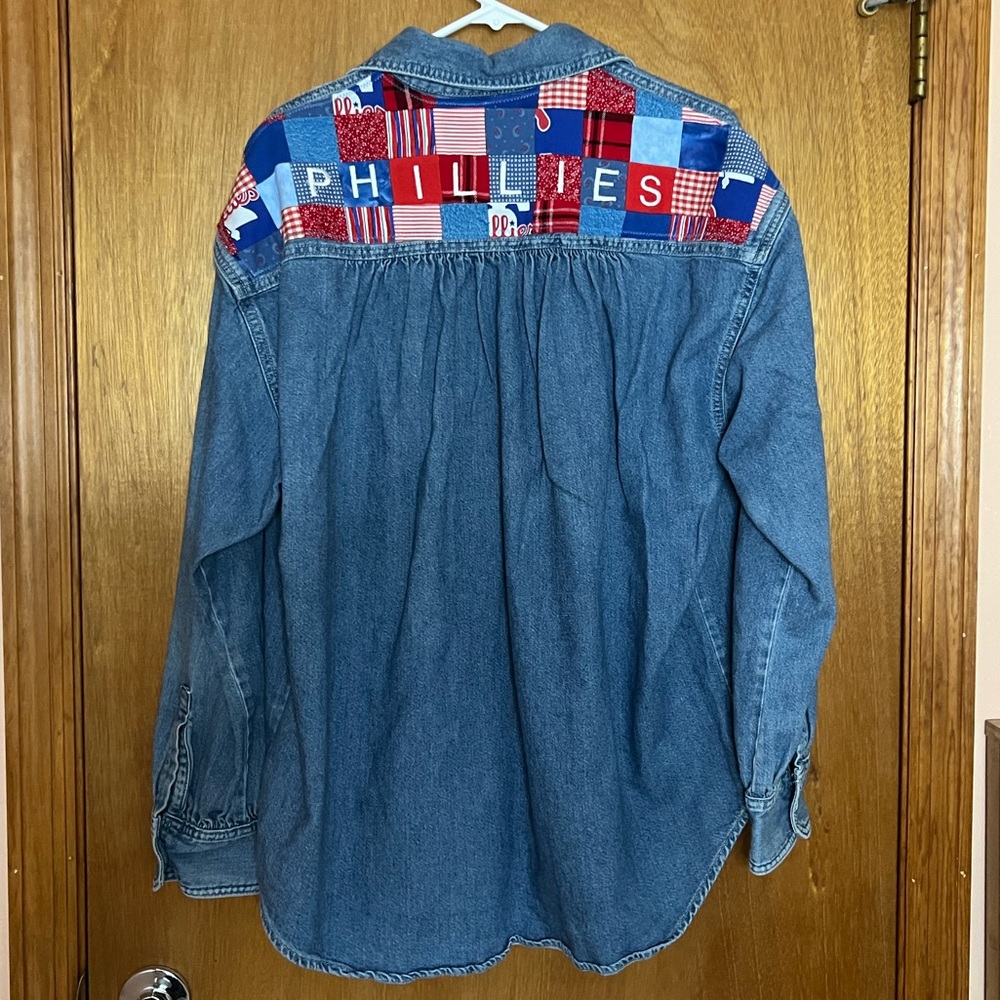 Upcycled Phillies Levi’s denim button up shacket